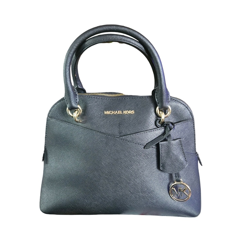 Michael Kors Black Saffiano Leather Dome Satchel Gold Hardware Handbag